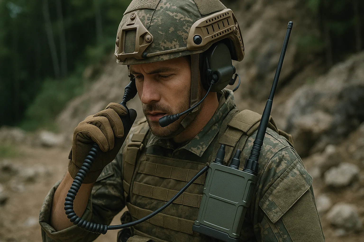 Soldier in camouflage gear using a tactical radio in a forested and rocky terrain.