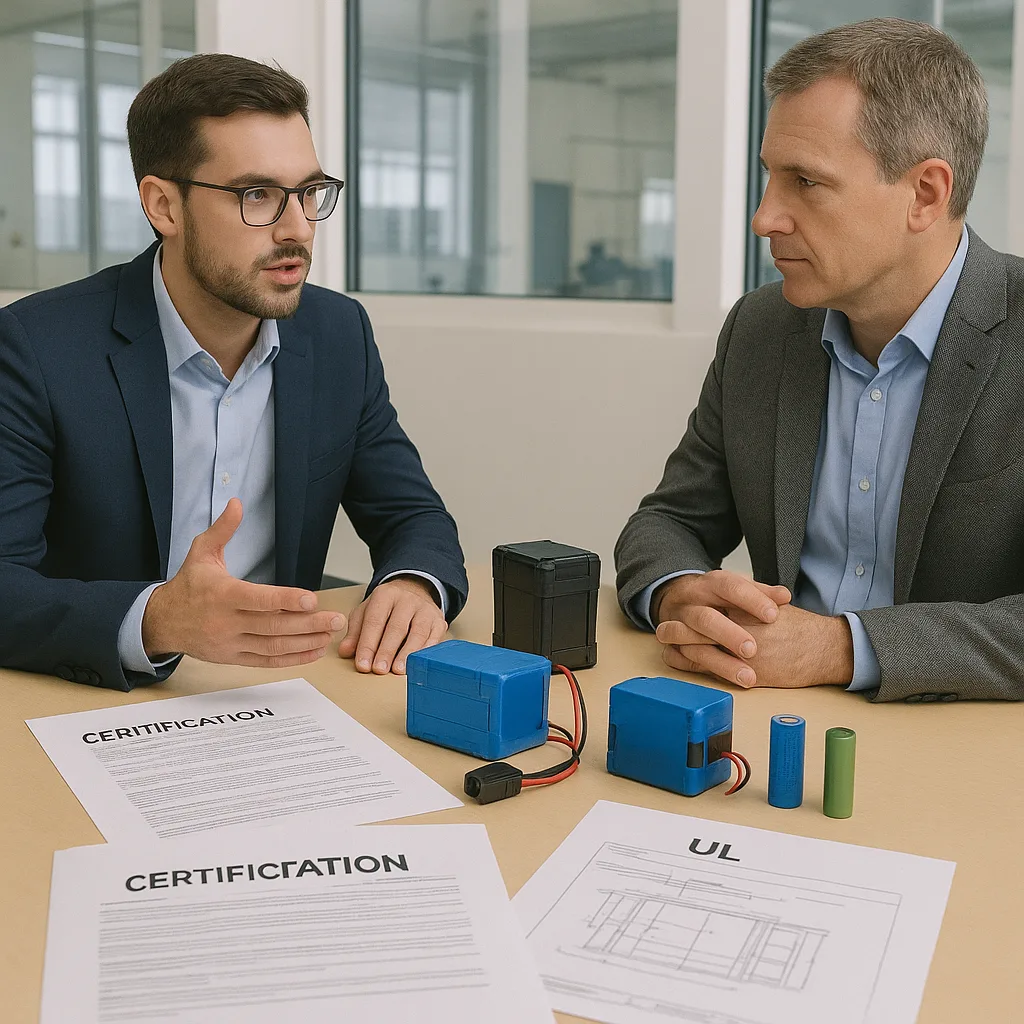 A business meeting between a battery buyer and supplier discussing certification documents and sample battery packs on a light office table.