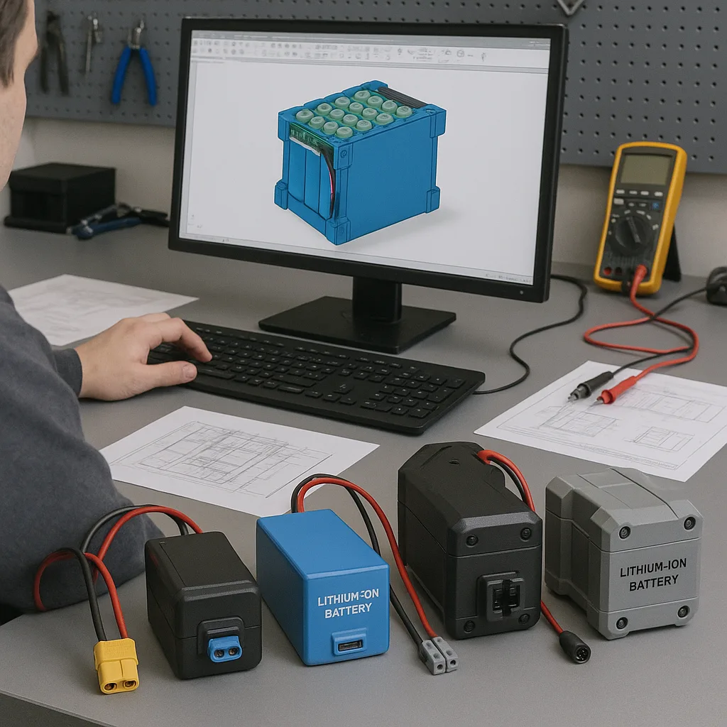 An engineer designing a custom lithium-ion battery pack using CAD software, with battery prototypes and connector types like XT60 and Anderson on the desk.