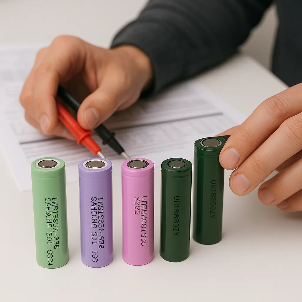 Close-up of a technician testing various 18650 lithium-ion cells from brands like Samsung and LG using a multimeter on a white table.