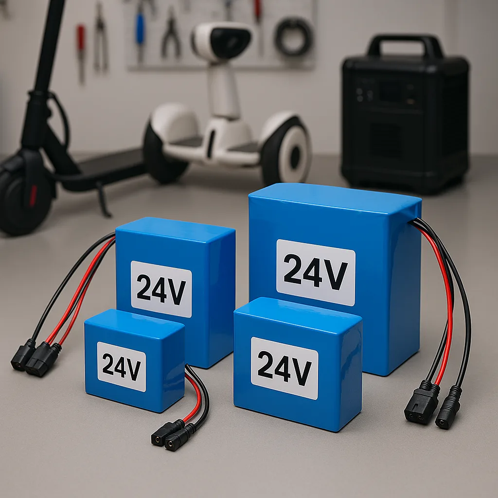 A clean workbench displaying four blue 24V lithium-ion battery packs, with e-scooter, robot, and portable power unit in the background.