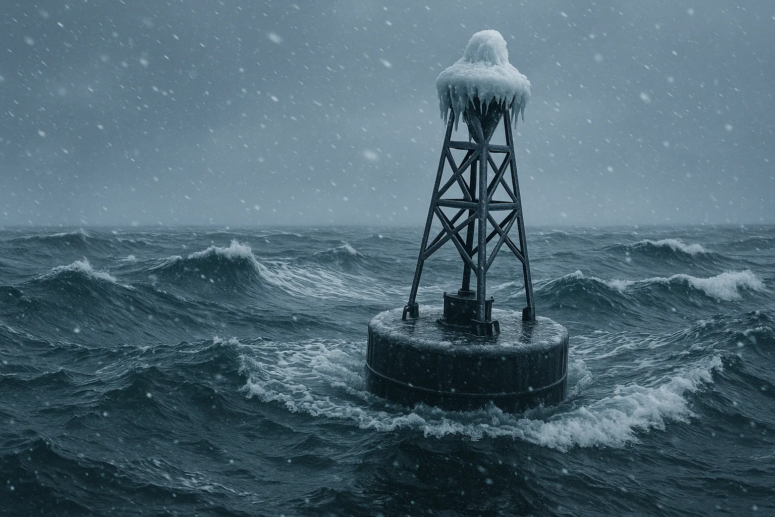 Ice-covered navigation buoy bobbing in rough ocean during heavy snowstorm and dramatic waves.