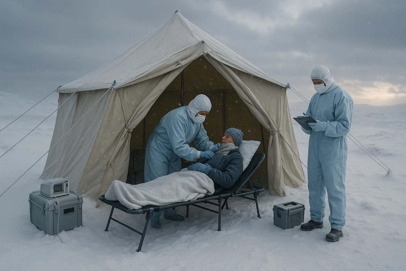 Medical workers treating a patient outside a snowy tent under stormy skies with portable equipment.