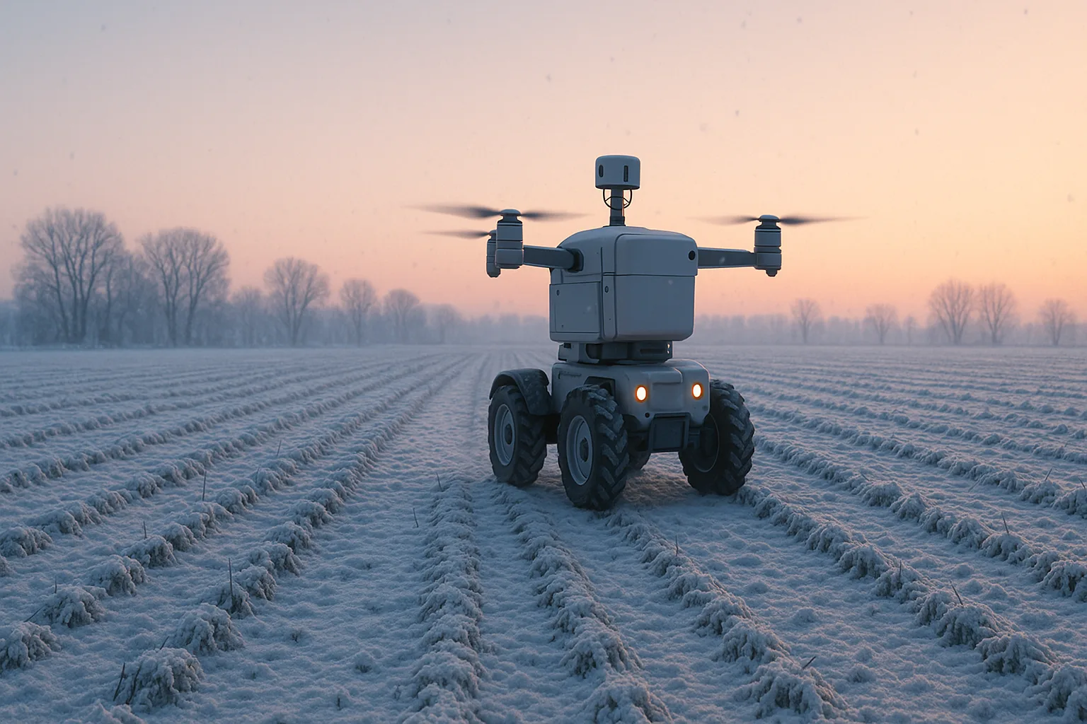 Agricultural robot with orange lights moving through snowy rows at dawn under falling snow.