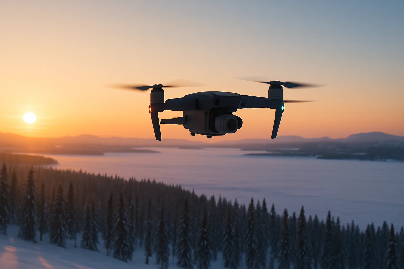 rone flying over snowy forest and frozen lake capturing winter sunset aerial view.