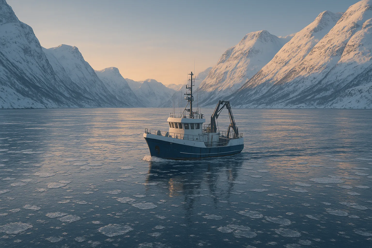 Mid-size fishing boat cruising through icy fjord waters surrounded by snow-capped mountains at sunset.