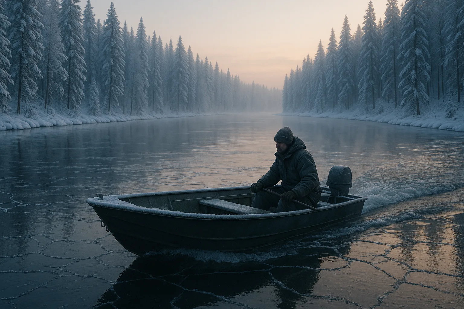 Man in a small boat navigating through icy waters at dawn with snow-covered pine trees and mist.