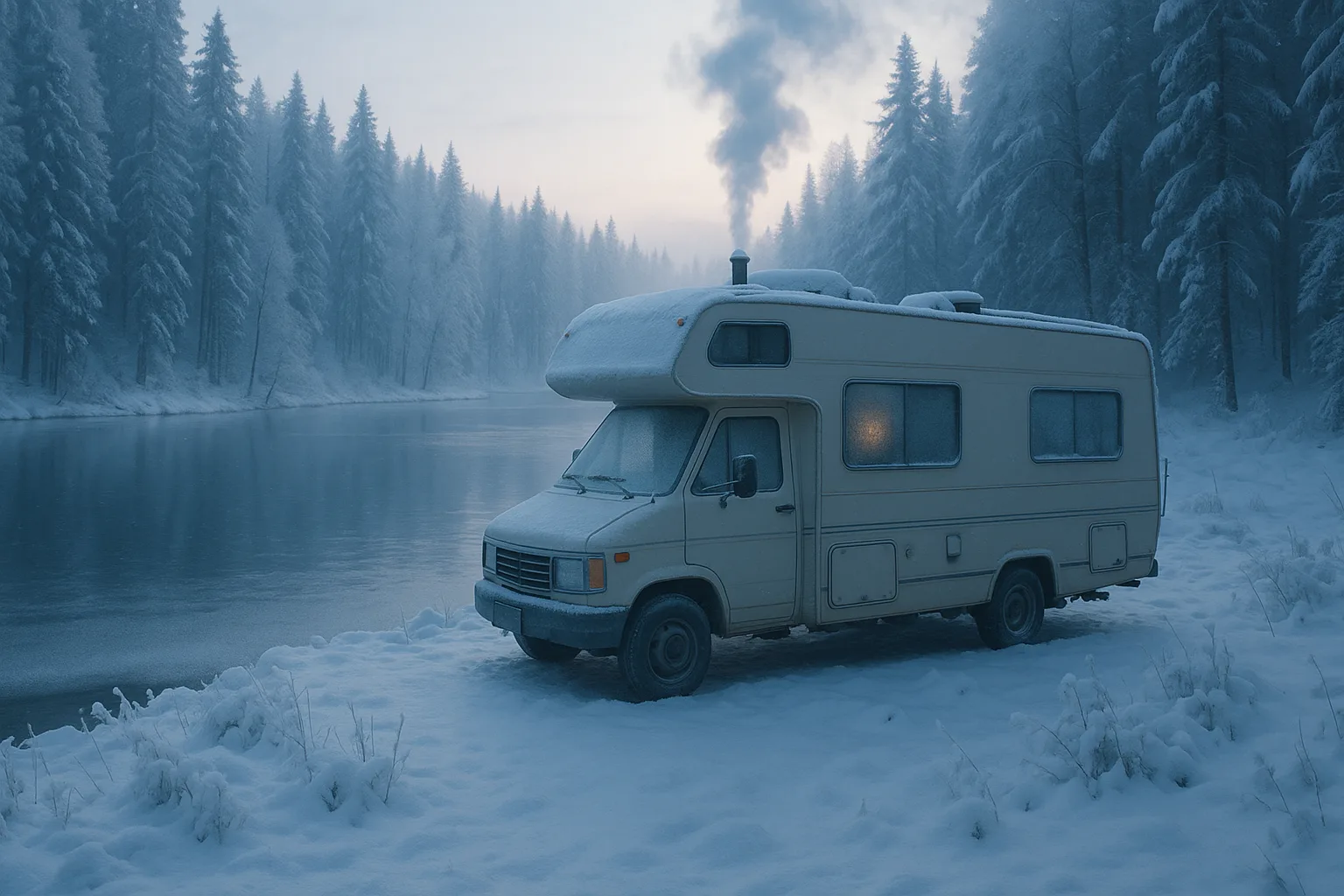 RV parked by a frozen lake in a snow-covered forest at dawn with frosty windows and chimney smoke.
