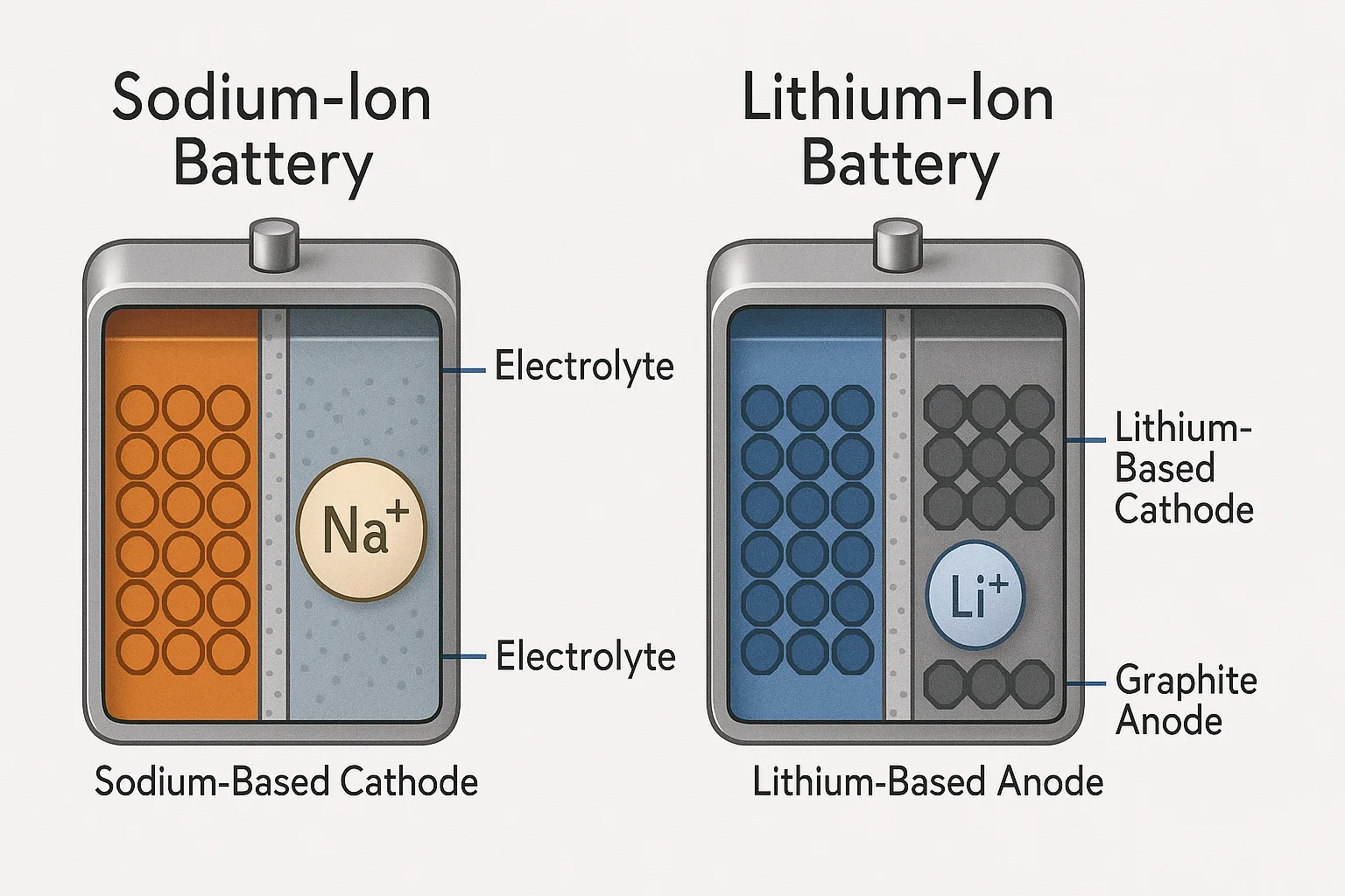 Side-by-side comparison of sodium-ion and lithium-ion batteries with different cathode/anode materials, ion sizes, and electrolytes.