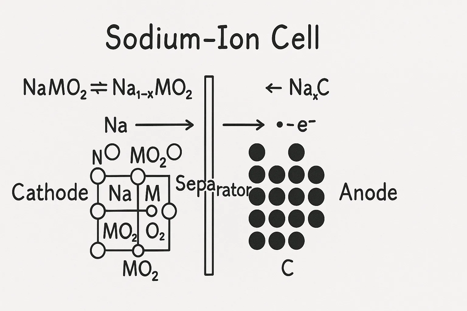 Hand-drawn schematic of sodium-ion battery cell showing chemical formulas NaMO₂ ⇌ Na₁₋ₓMO₂ and C ⇌ NaₓC with ion and electron movement.