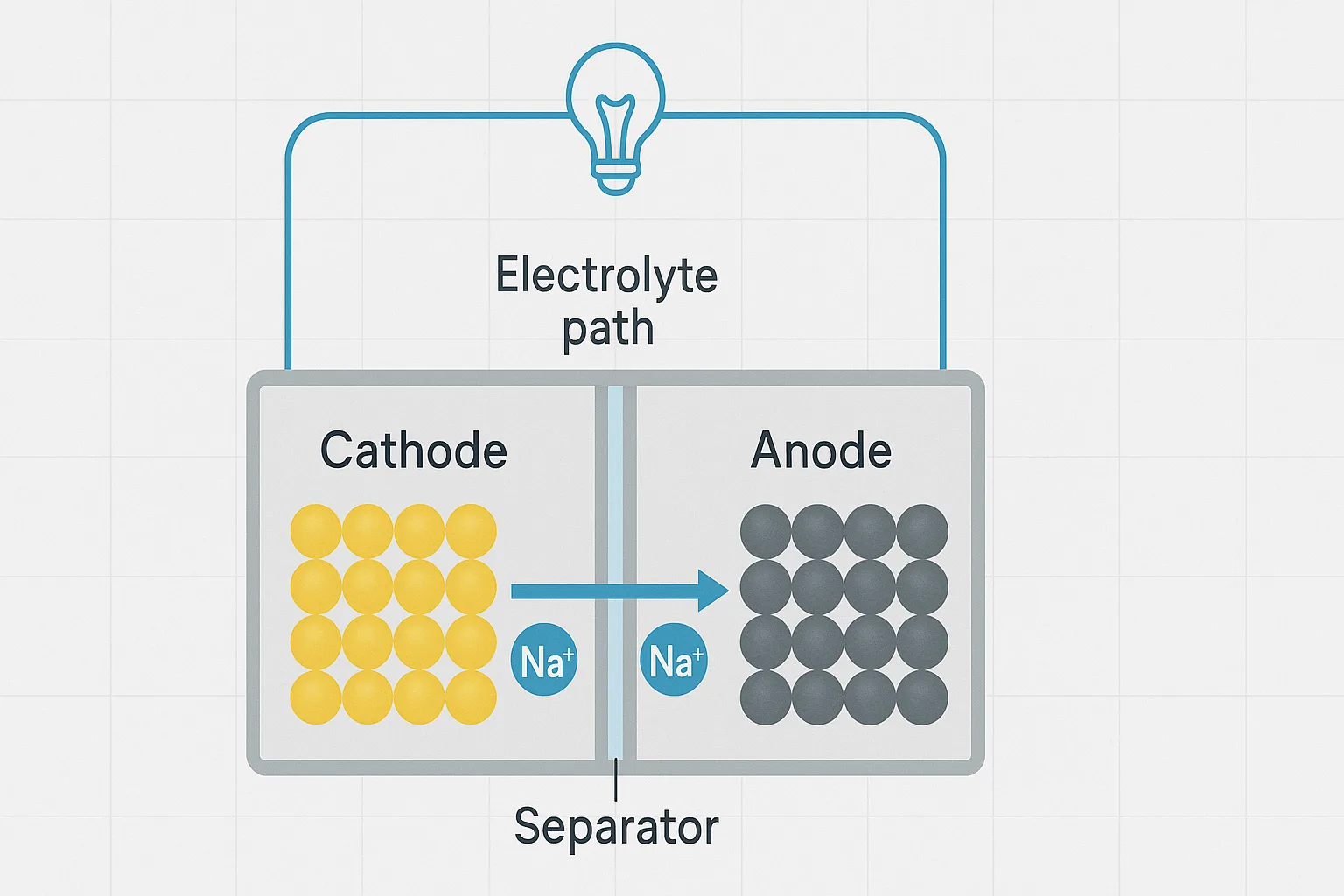 Simplified diagram of a sodium-ion battery cell with cathode, anode, separator, electrolyte path, and external circuit lighting a bulb.