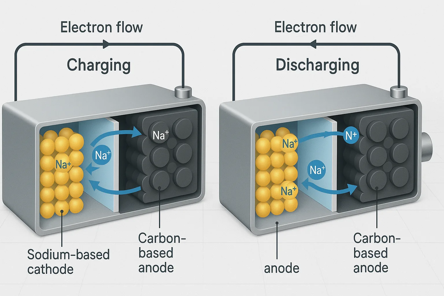 Side-by-side diagrams of a sodium-ion battery during charging and discharging, showing Na⁺ ion movement and electron flow.
