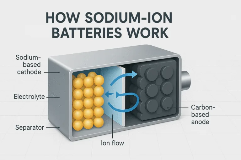 Cross-sectional 3D illustration of a sodium-ion battery showing sodium-based cathode, carbon-based anode, electrolyte, separator, and ion flow.
