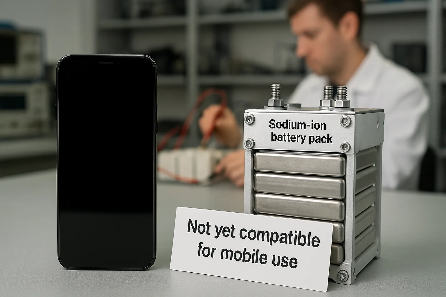Smartphone placed beside a bulky sodium-ion battery pack labeled "Not yet compatible for mobile use" on a lab workbench.