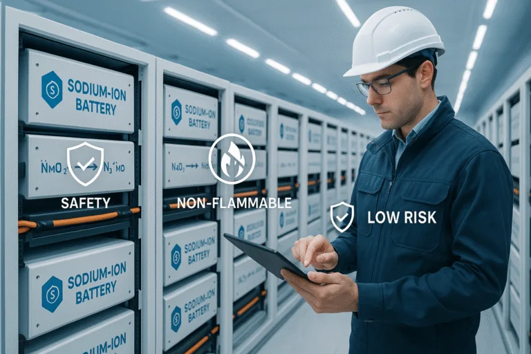 Technician inspecting sodium-ion battery modules in a modern energy storage facility with icons for safety, non-flammable, and low risk.