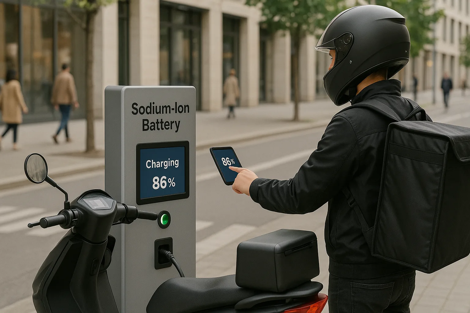 Delivery rider checks the charge level of an electric scooter connected to a charging station labeled 