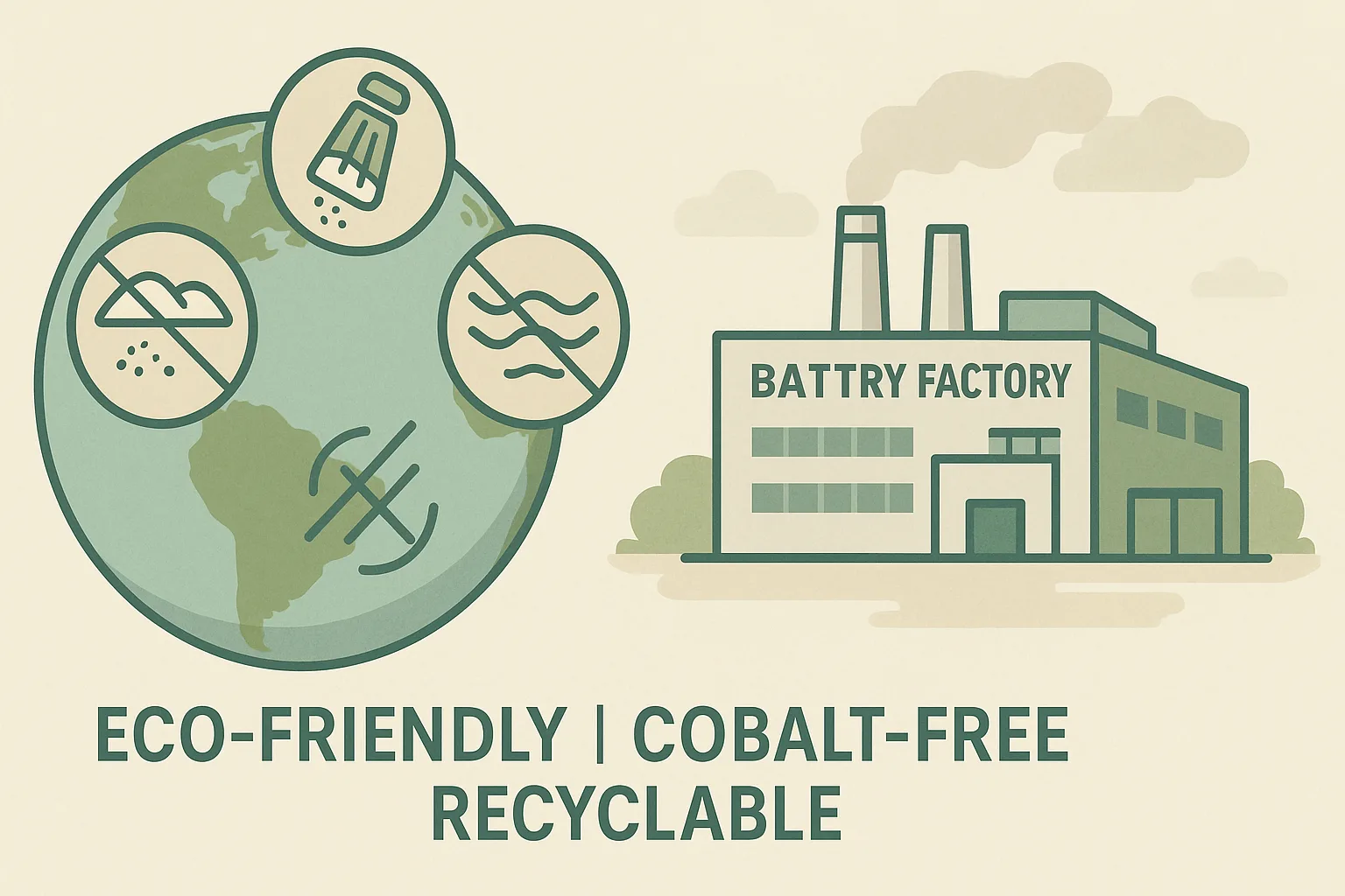 Eco infographic with a globe overlaid with salt, seawater, and mining icons crossed out, and a green battery factory labeled “Eco-Friendly | Cobalt-Free | Recyclable”.