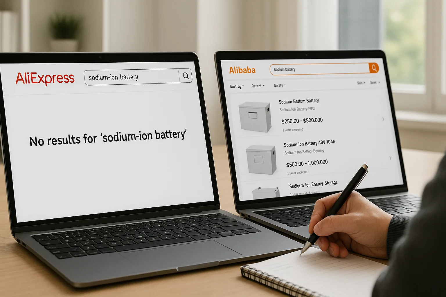 Two laptop screens showing sodium-ion battery search results: AliExpress with no results and Alibaba showing multiple listings. A person takes notes in front.