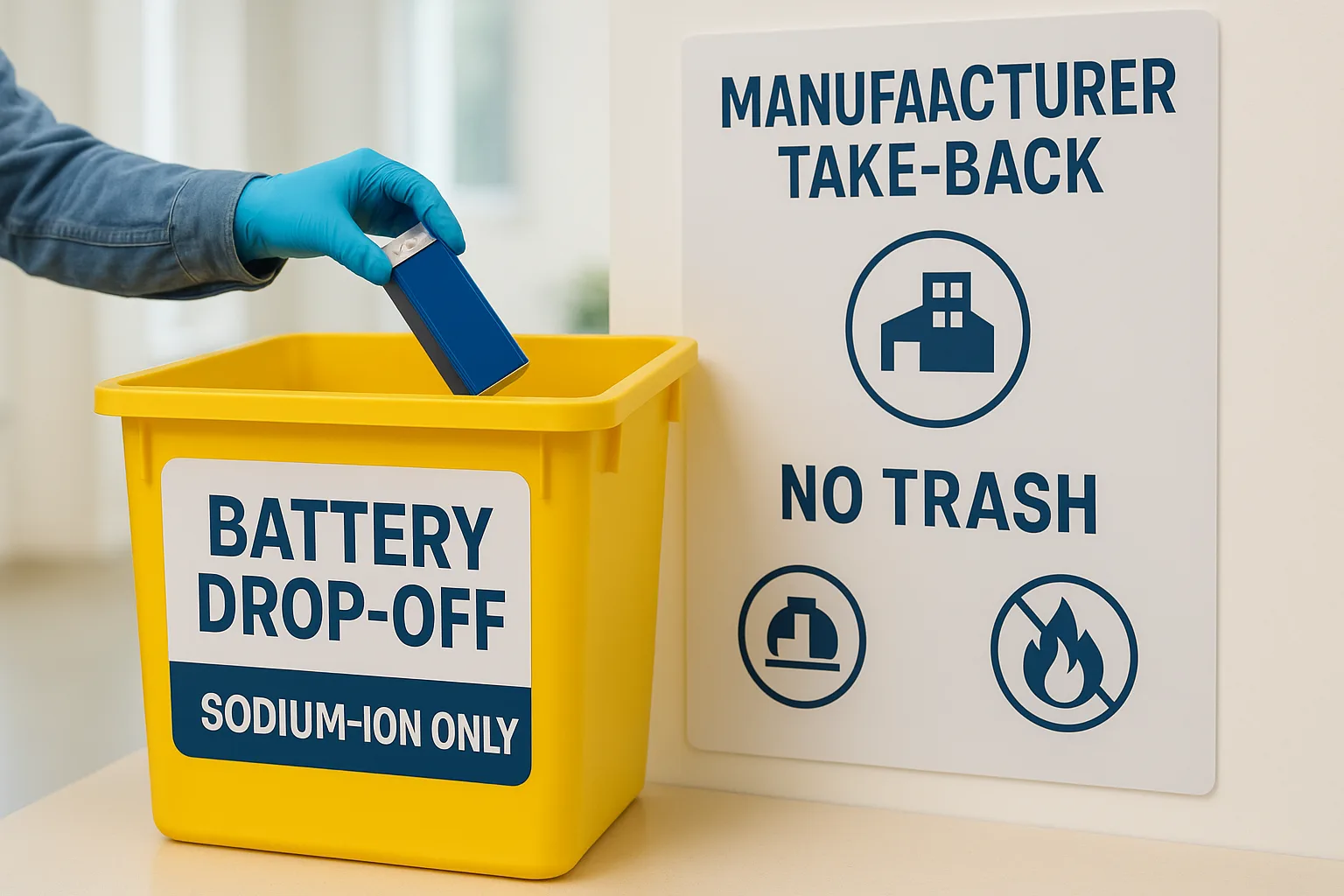Person with gloves placing a sodium-ion battery into a yellow recycling bin labeled “Battery Drop-Off – Sodium-Ion Only” beside take-back signage.