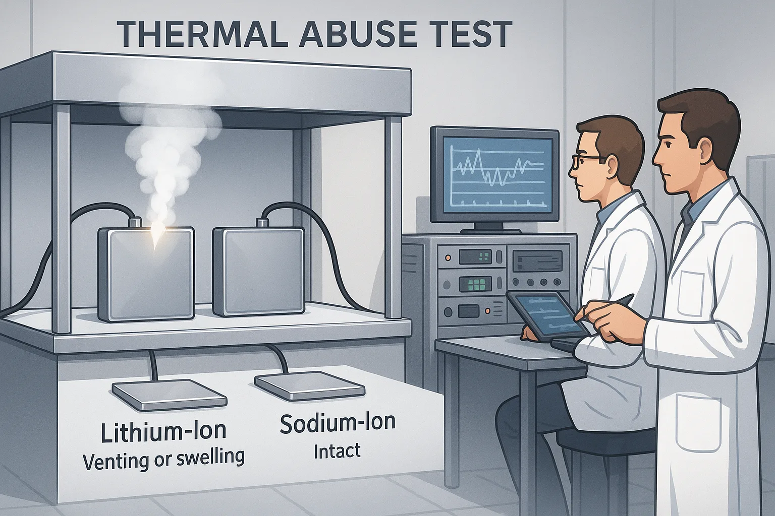 Battery testing lab showing thermal abuse test with a venting lithium-ion battery and an intact sodium-ion battery. Engineers monitor test data.