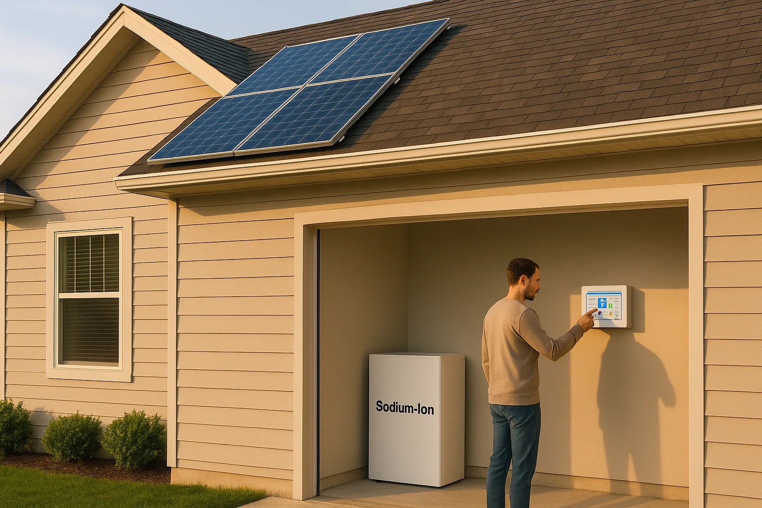 Modern house with rooftop solar panels and a sodium-ion battery system in the garage. A homeowner checks battery status on a wall-mounted display.