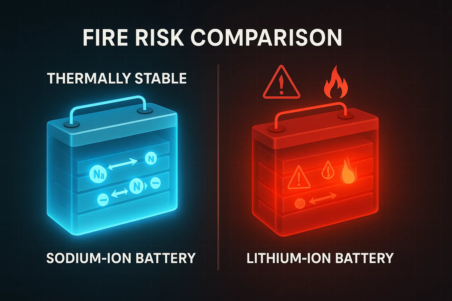 Split-screen infographic comparing fire risk: sodium-ion battery glowing blue labeled “Thermally Stable” vs lithium-ion battery with heat/fire warning icons.
