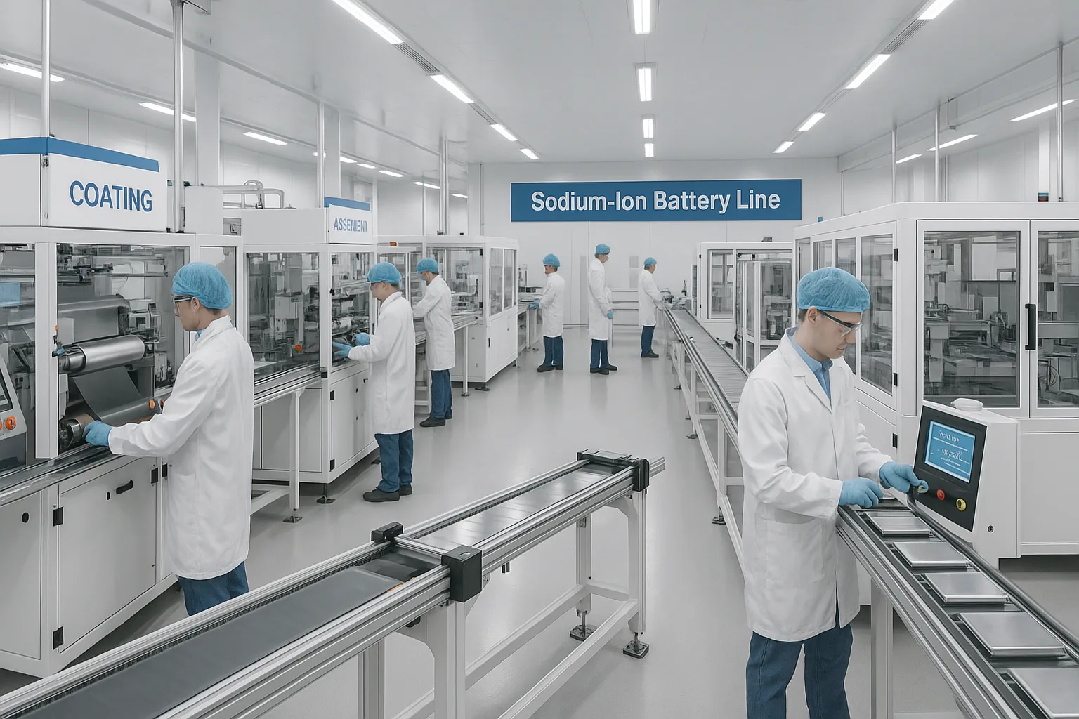 Aerial view of a high-tech gigafactory floor with rows of robotic arms assembling sodium-ion battery components in zones labeled A, B, and C.