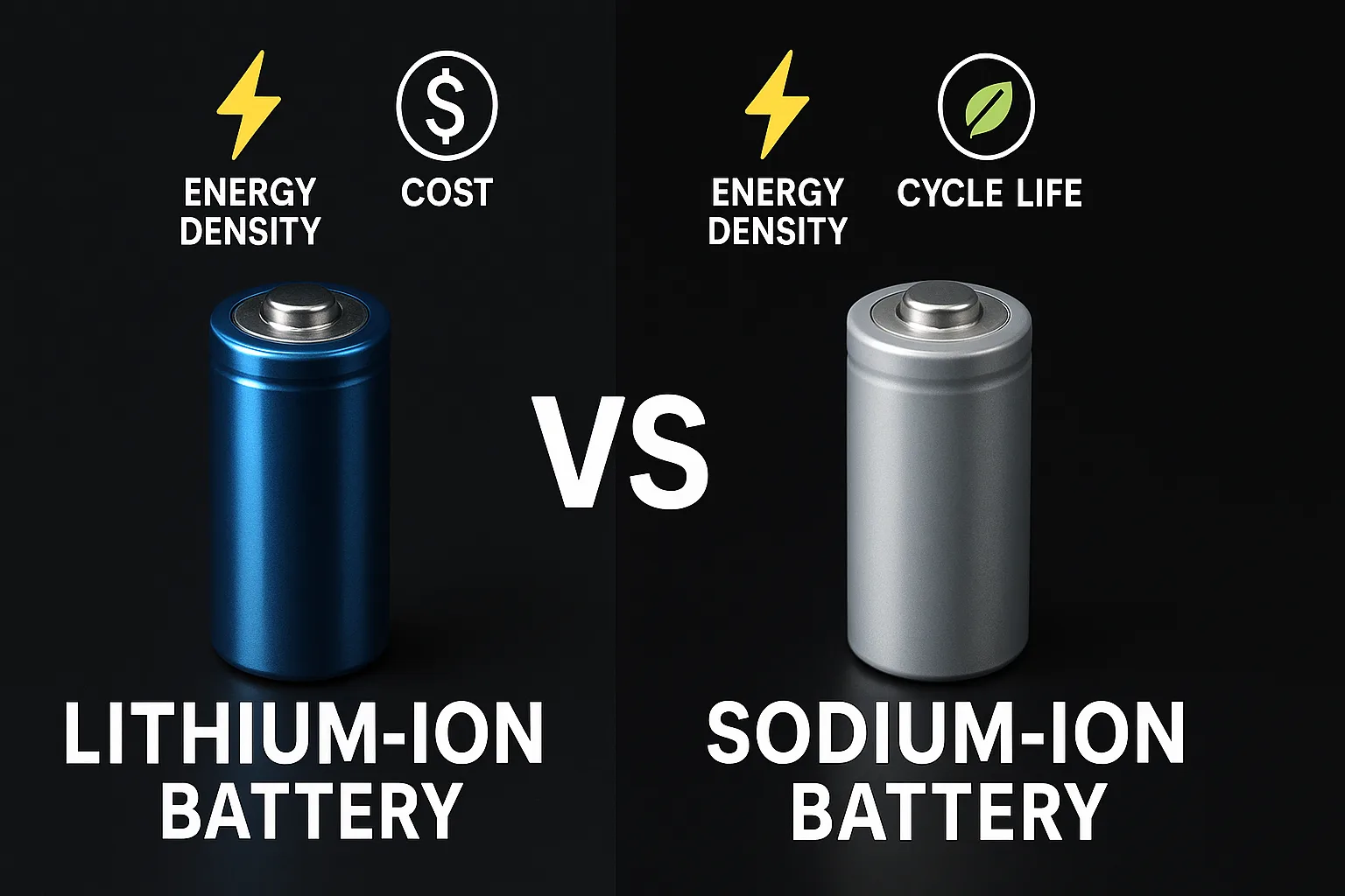Split-screen comparison of lithium-ion and sodium-ion batteries with icons showing energy density, cost, and cycle life.