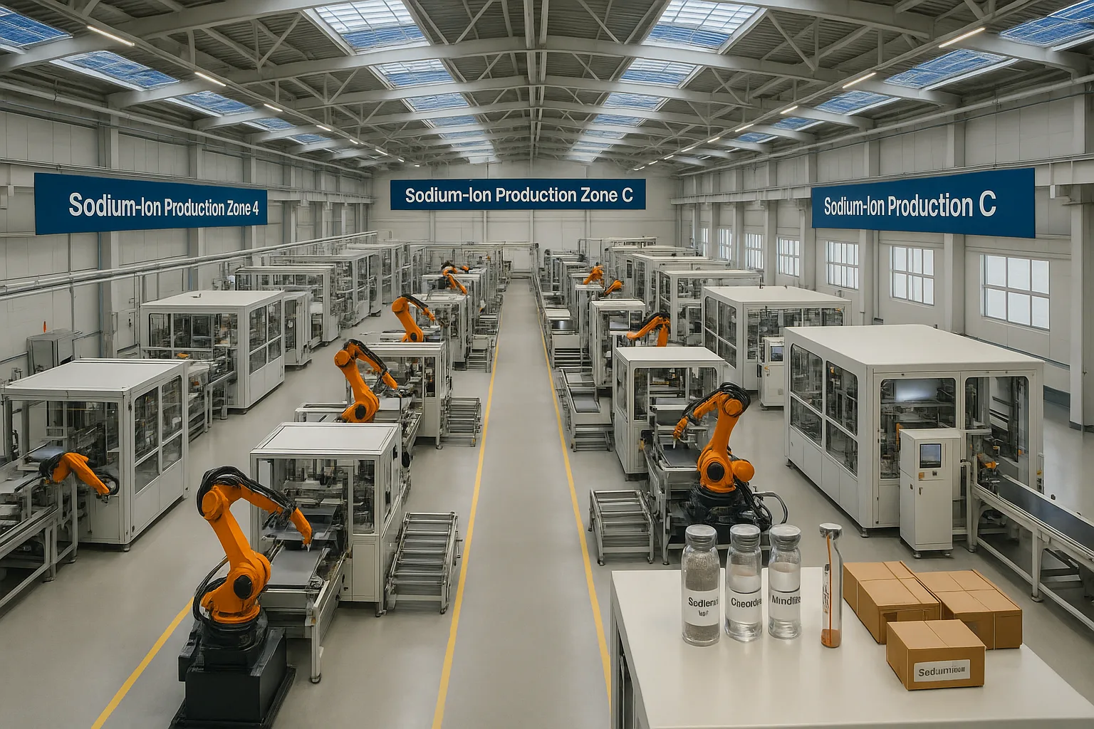 Wide-angle interior view of a clean sodium-ion battery factory with multiple production zones and rows of automated assembly machines operated by robotic arms.