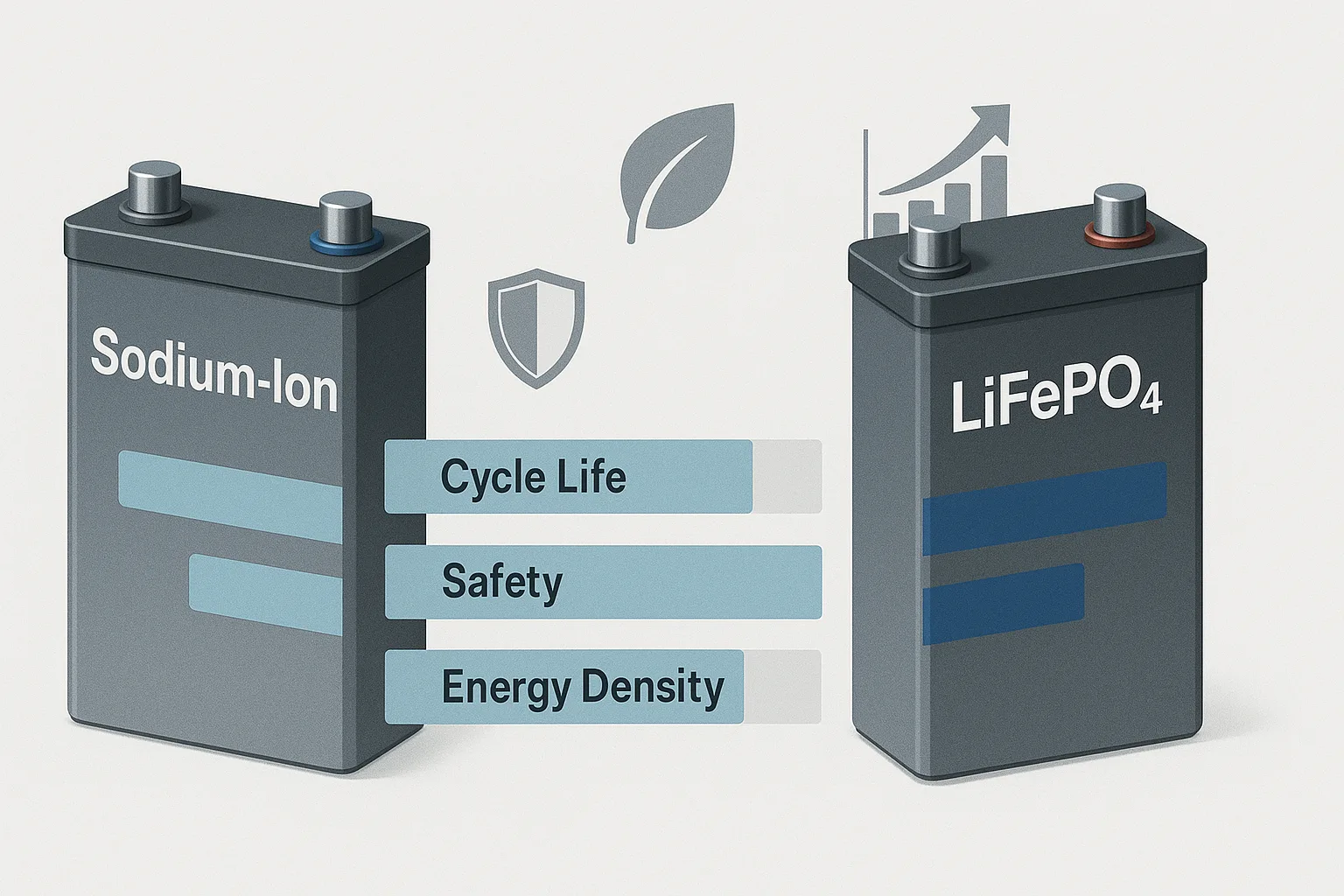 Sodium-ion and LiFePO₄ batteries shown with bars comparing cycle life, safety, and energy density, with supporting icons.