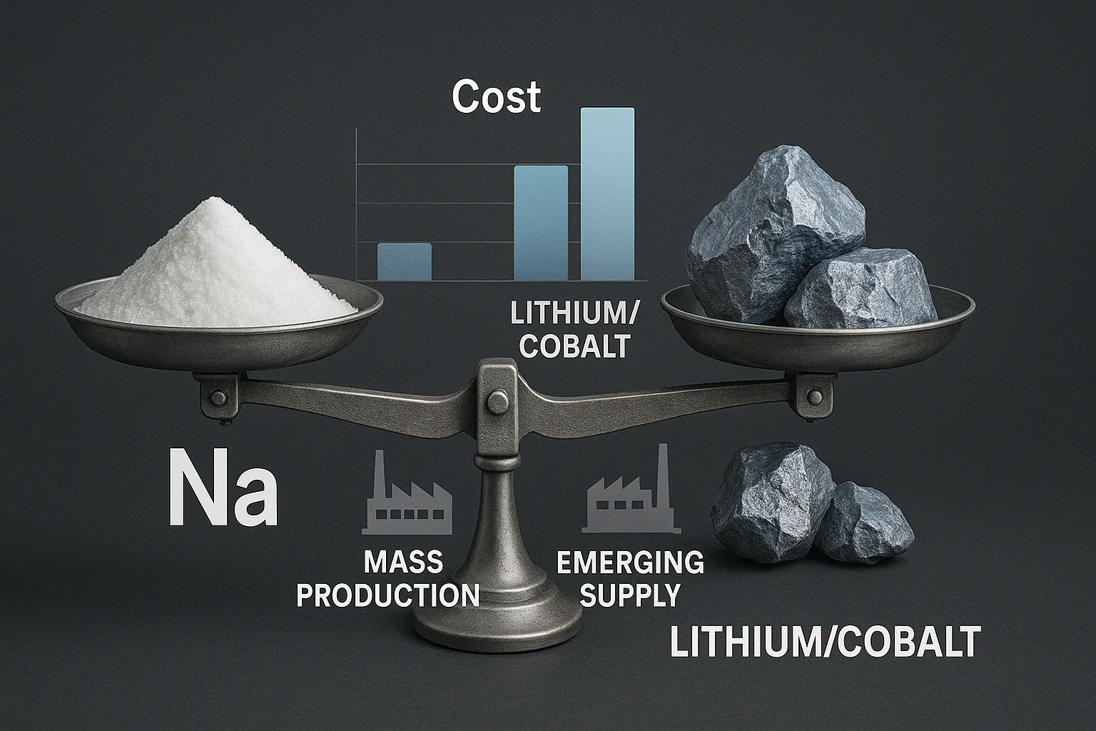Balance scale comparing sodium (Na, salt) and lithium/cobalt (metal rocks) with cost chart and factory icons for supply chain differences.