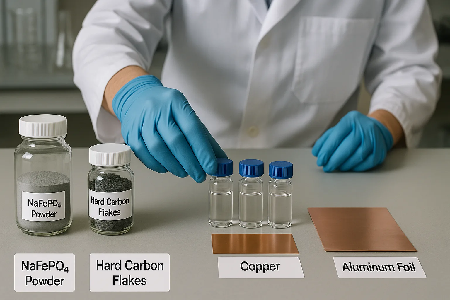 Researcher in gloves arranges NaFePO₄ powder, hard carbon flakes, NaPF₆ electrolyte vials, and copper and aluminum foils on a lab bench for electrode testing.