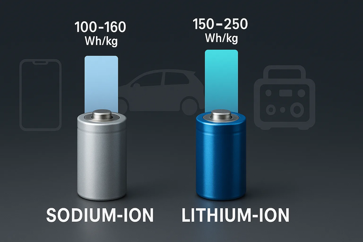 Two batteries labeled sodium-ion and lithium-ion with energy density bars and icons of a phone, EV, and power station in the background.