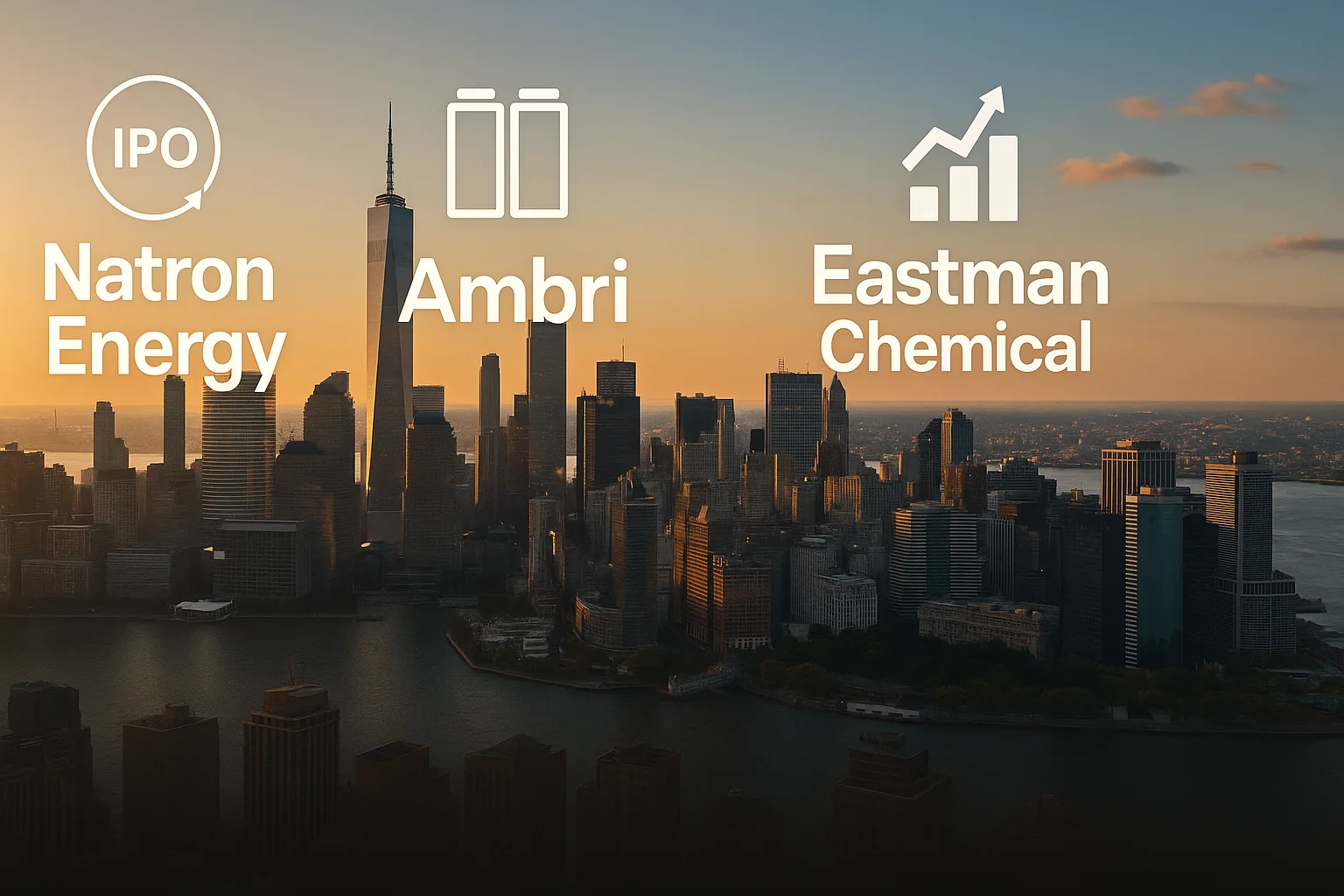 U.S. city skyline overlaid with names of Natron Energy, Ambri, Eastman Chemical, and Fluence Energy, alongside battery and IPO icons under a sunset sky.