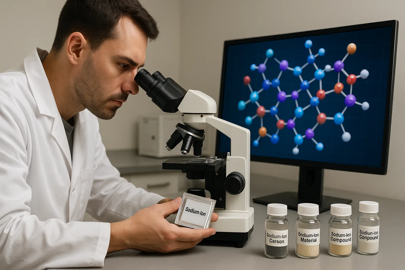 Researcher in a lab coat examines a sodium-ion battery cell under a microscope, with sodium-ion material samples and a molecular structure on a nearby monitor.