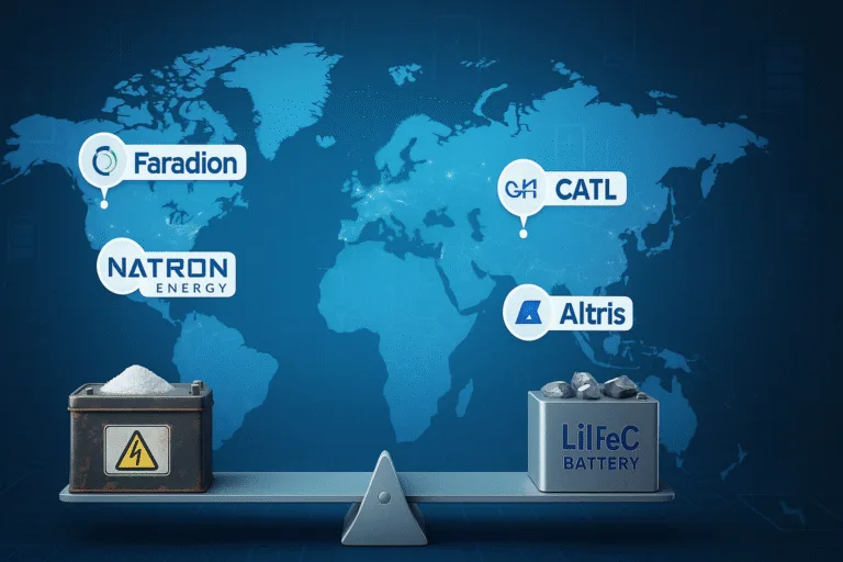 World map highlighting leading sodium-ion battery companies—CATL, Faradion, Natron Energy, HiNa Battery, and Altris—with battery icons and an energy grid overlay.