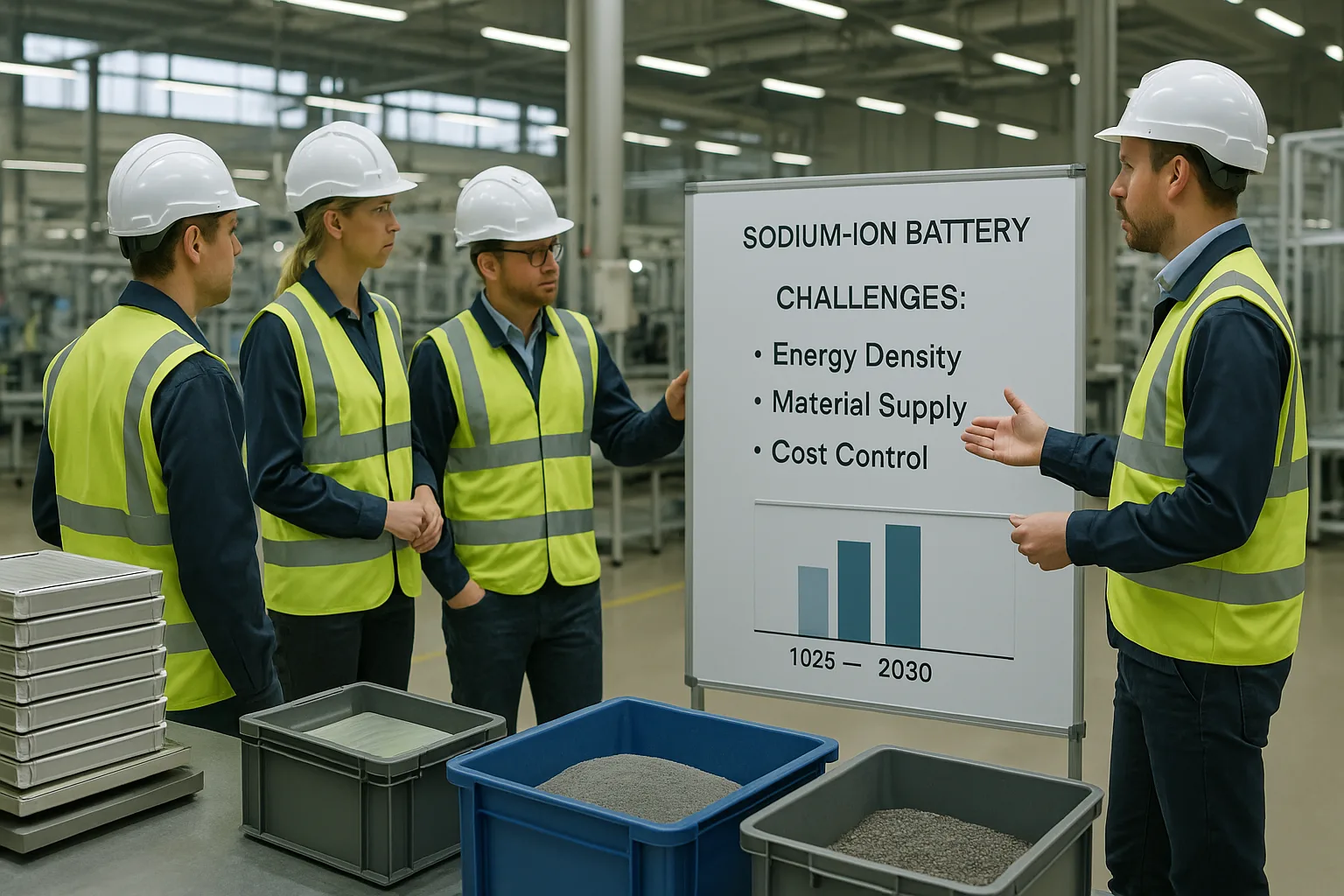  Engineers in a pilot production line discuss sodium-ion battery challenges including energy density and cost control, with raw material bins and stacked cells visible.