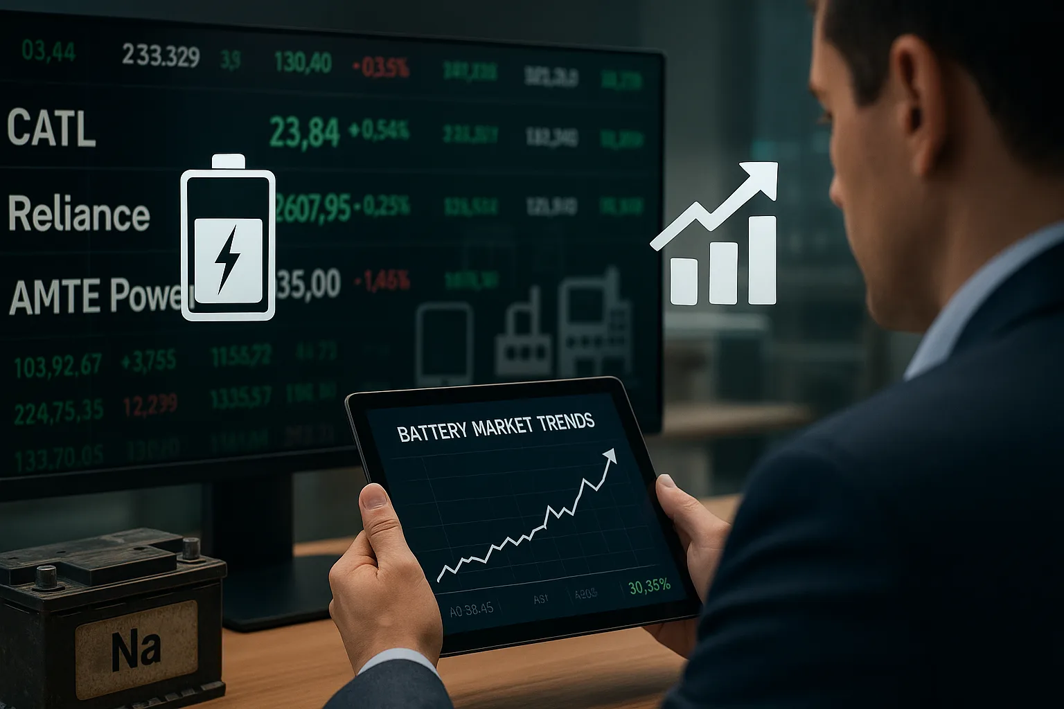 Businessman analyzing battery market trends on a tablet with stock tickers for CATL, Reliance, and AMTE Power in the background. Battery and investment icons visible.