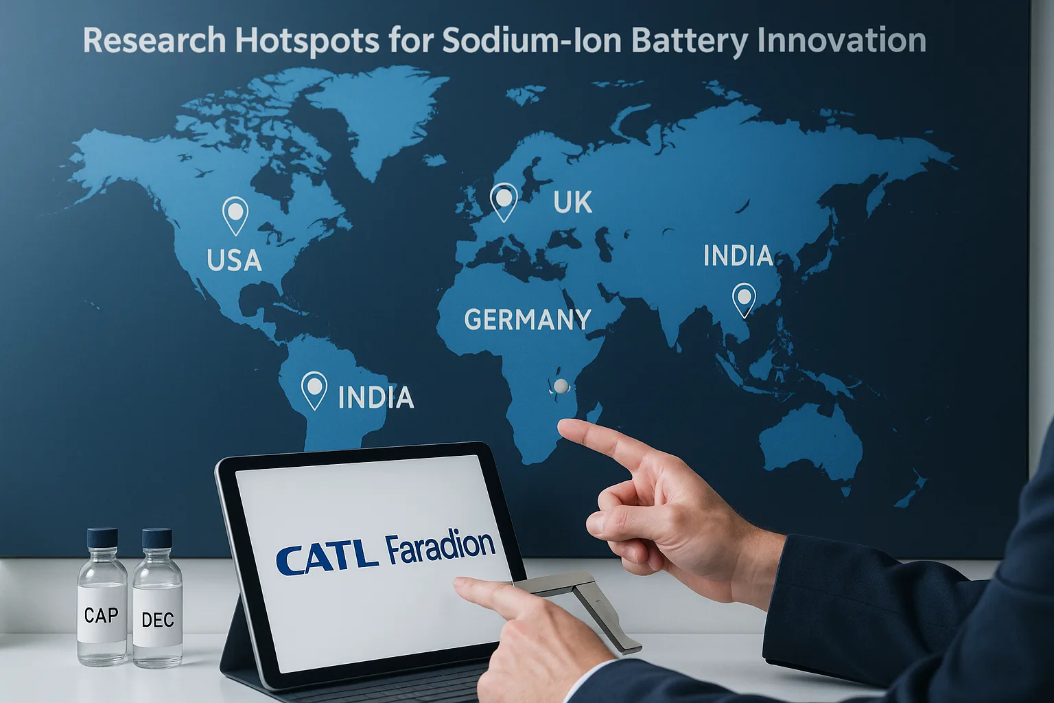 A digital world map highlights sodium-ion battery research hubs in China, UK, USA, India, Germany, and Sweden, as a person points to CATL and Faradion logos on a tablet.