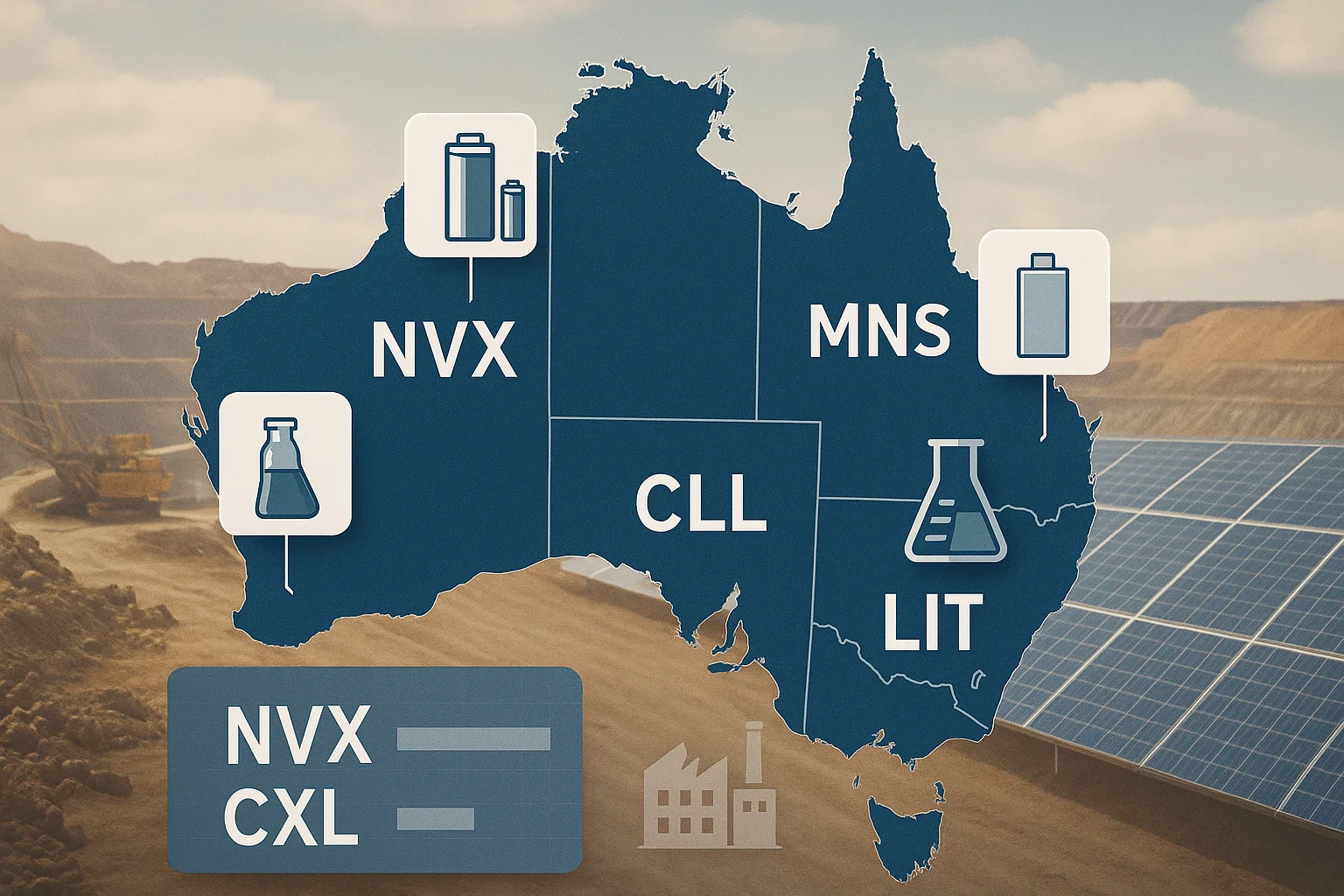 Map of Australia featuring ASX-listed battery companies NVX, CXL, LIT, and MNS, with mining, lab, and solar panel imagery in the background.
