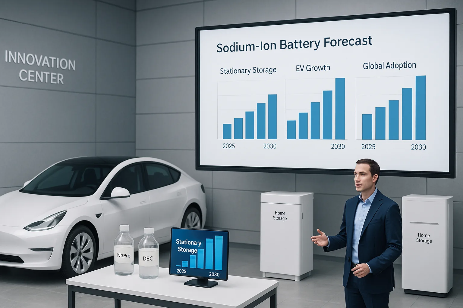 Presenter explains sodium-ion battery market forecasts with EV and home storage mockups in a modern innovation center, charts show 2025–2030 growth trends.