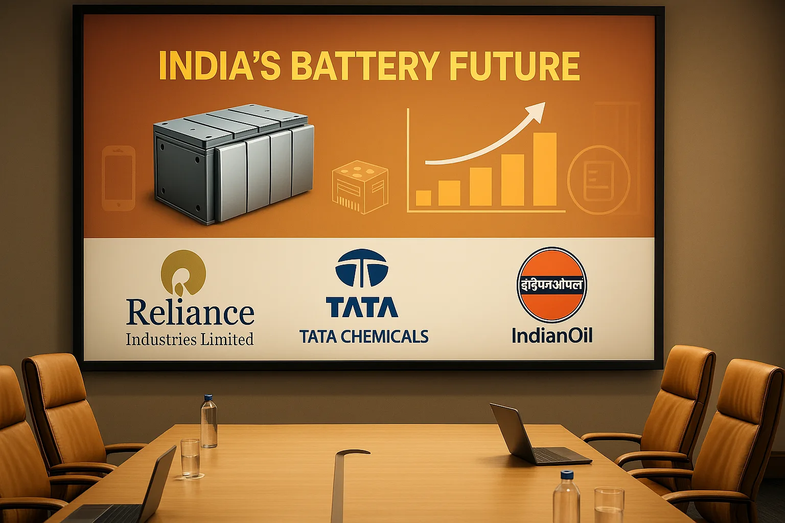 Conference room with logos of Reliance Industries, Tata Chemicals, and Indian Oil, featuring a large screen titled “India’s Battery Future” with sodium battery visuals.