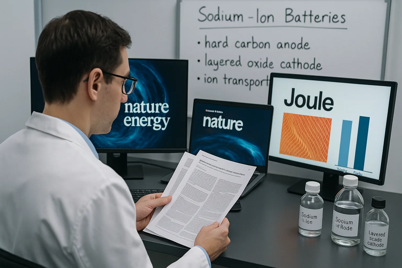 Scientist in glasses reads sodium-ion battery research papers at a workstation, with “Nature Energy” and “Joule” journals on monitors and a whiteboard showing anode and cathode keywords.