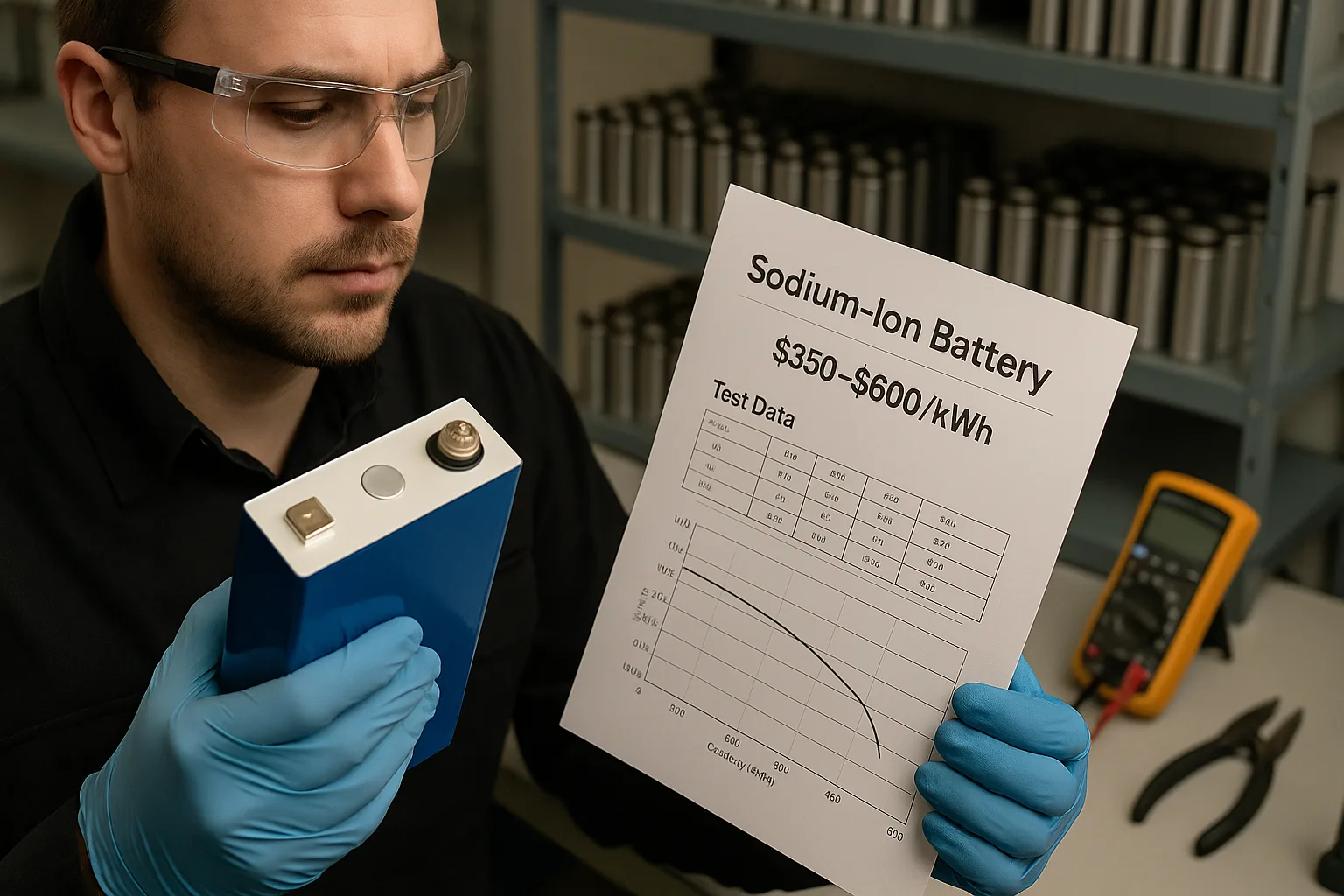 Technician examining a blue sodium-ion battery while reviewing cost and test data in a battery lab