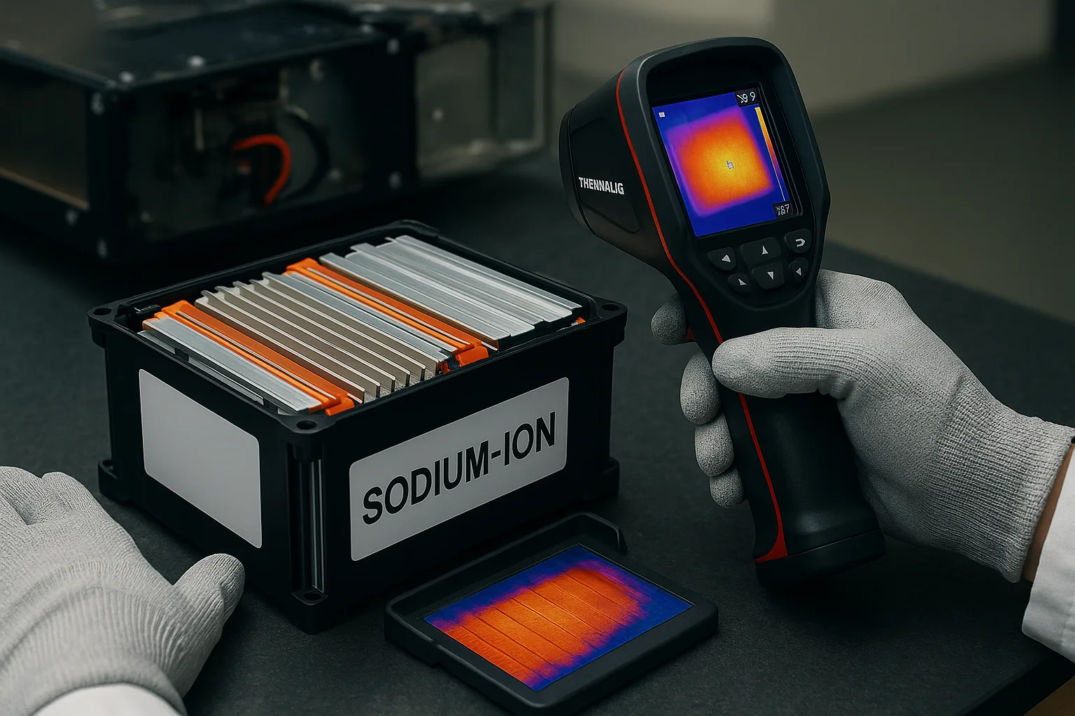Disassembled sodium-ion battery pack with visible aluminum cooling fins inspected by a technician using a thermal imaging camera.