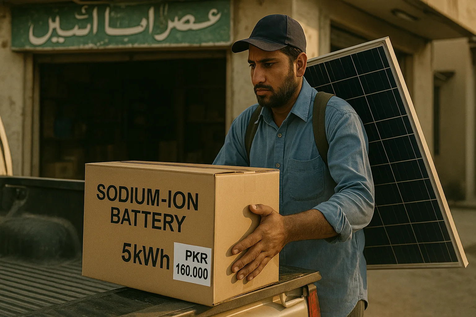 Solar technician loading boxed 5kWh sodium-ion battery labeled PKR 160,000 into pickup truck outside Pakistani shop