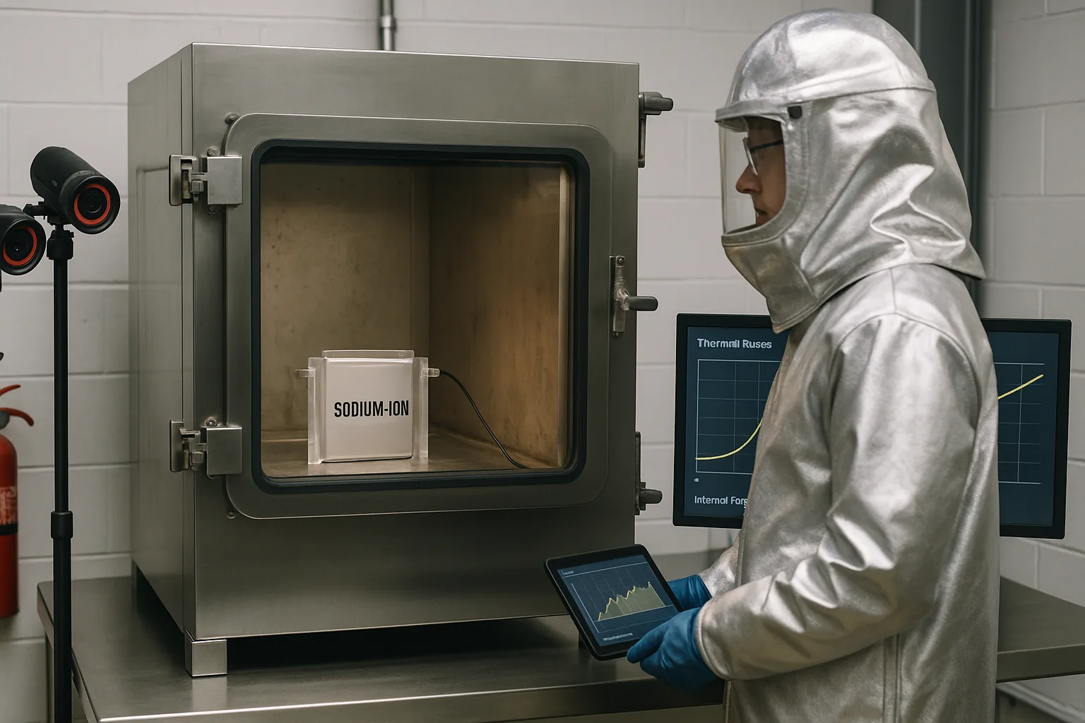 Engineer in fireproof lab suit monitors a sodium-ion battery in a thermal abuse test chamber with IR cameras and temperature curve.
