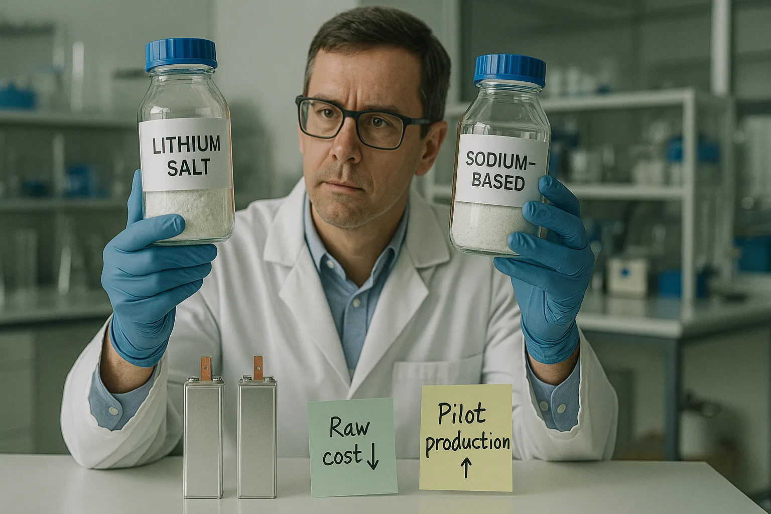 Scientist holding lithium salt and sodium-based powders in lab with sticky notes showing raw cost and pilot production trends