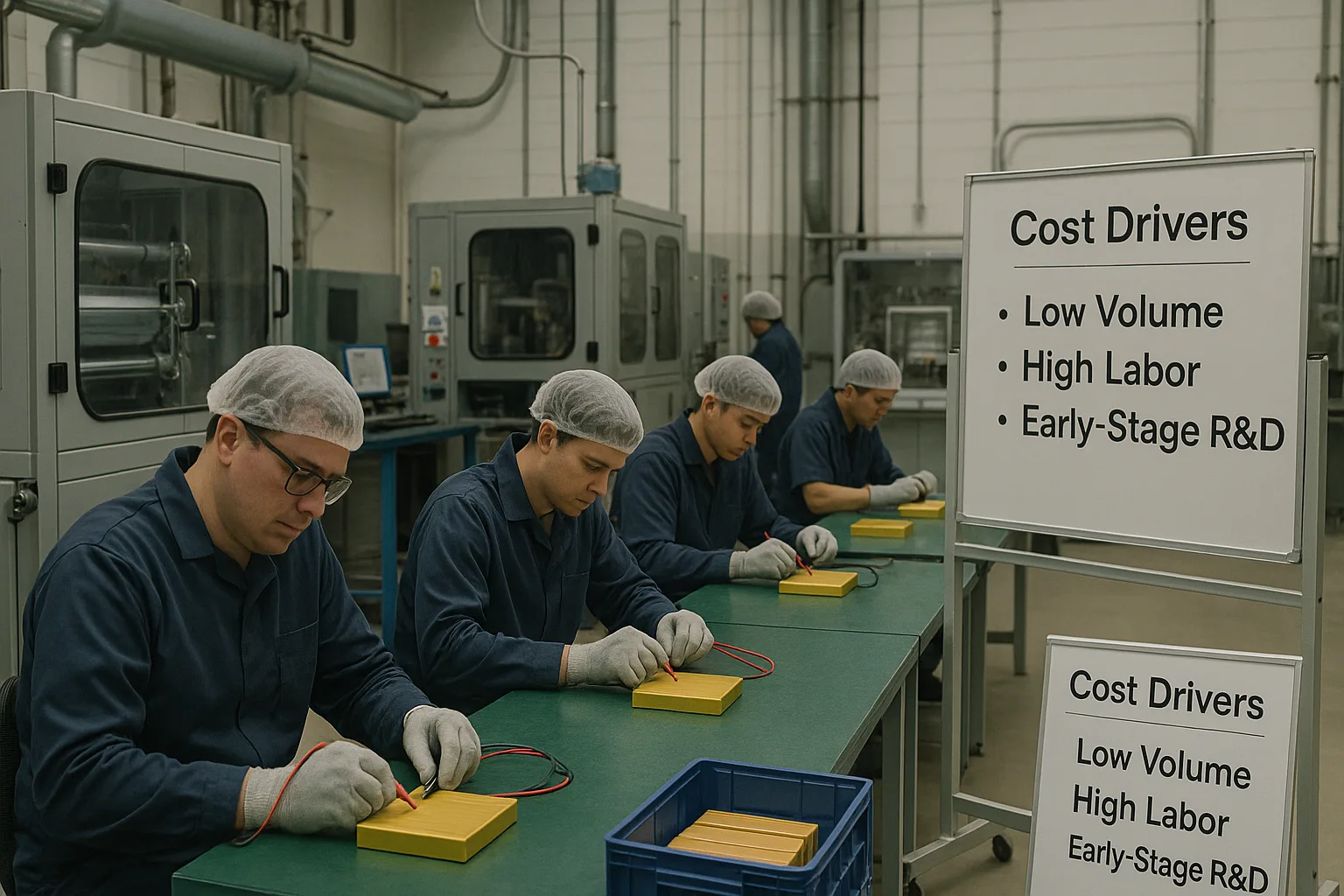 Workers manually testing sodium-ion battery cells in a factory, with visible cost driver whiteboard