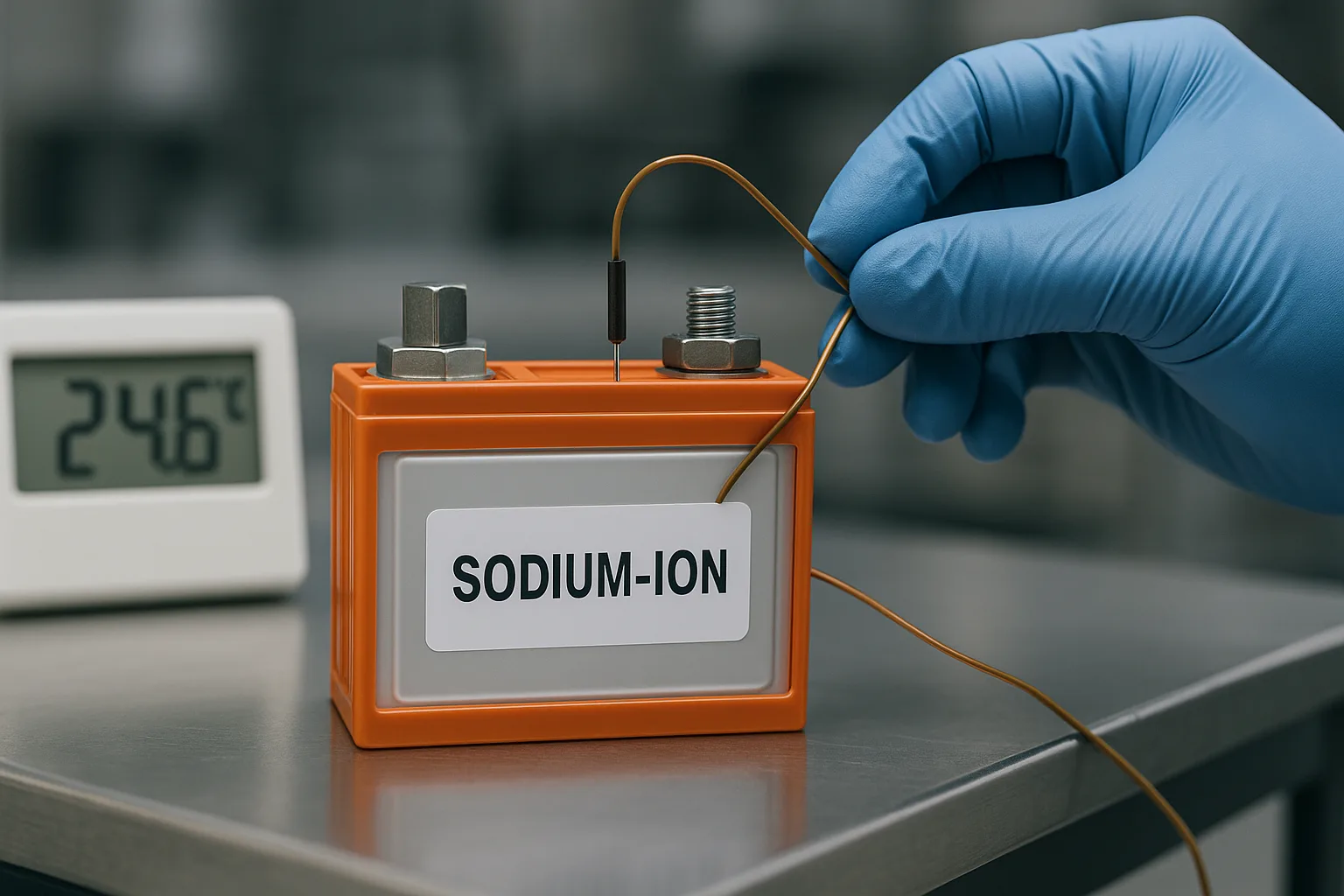 Close-up of a sodium-ion battery module with a thermal probe attached, digital display reads 24.6°C, researcher adjusts the probe.